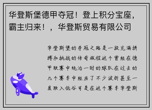 华登斯堡德甲夺冠！登上积分宝座，霸主归来！，华登斯贸易有限公司