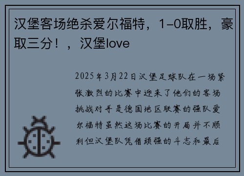 汉堡客场绝杀爱尔福特，1-0取胜，豪取三分！，汉堡love