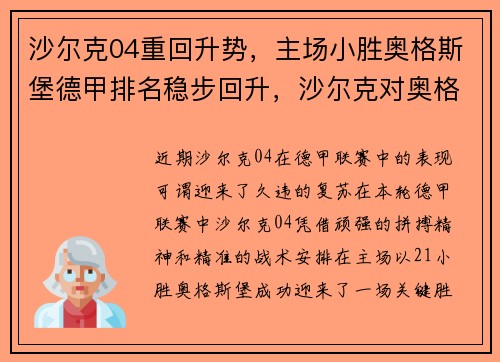 沙尔克04重回升势，主场小胜奥格斯堡德甲排名稳步回升，沙尔克对奥格斯堡比分预测