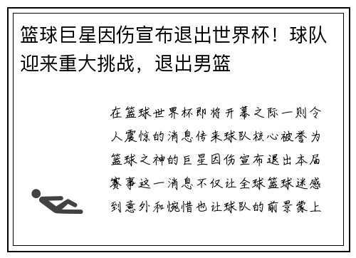 篮球巨星因伤宣布退出世界杯！球队迎来重大挑战，退出男篮