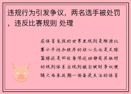 违规行为引发争议，两名选手被处罚，违反比赛规则 处理