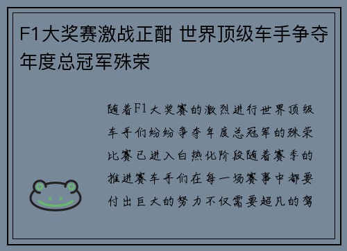 F1大奖赛激战正酣 世界顶级车手争夺年度总冠军殊荣